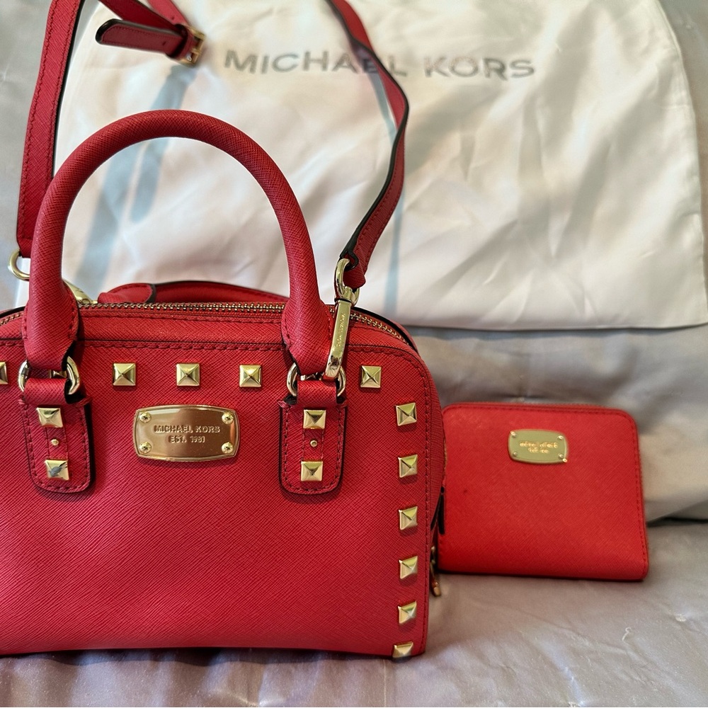 Michael Kors Red Satchel with Gold Studs